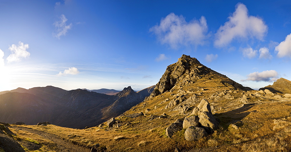 A sunny afternoon in Autumn, near the summit of Goat Fell, looking north towards Cir Mhor, Isle of Arran, Scotland, United Kingdom, Europe