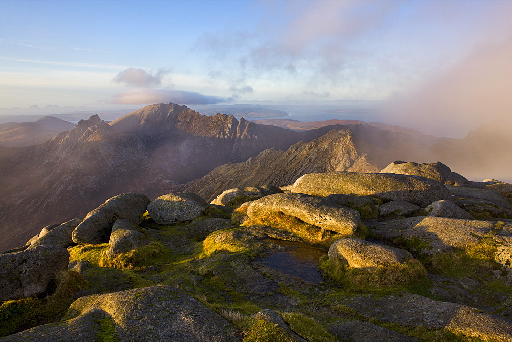 Cloud rolls in on the summit of Goat Fell, Isle of Arran, Scotland, United Kingdom, Europe