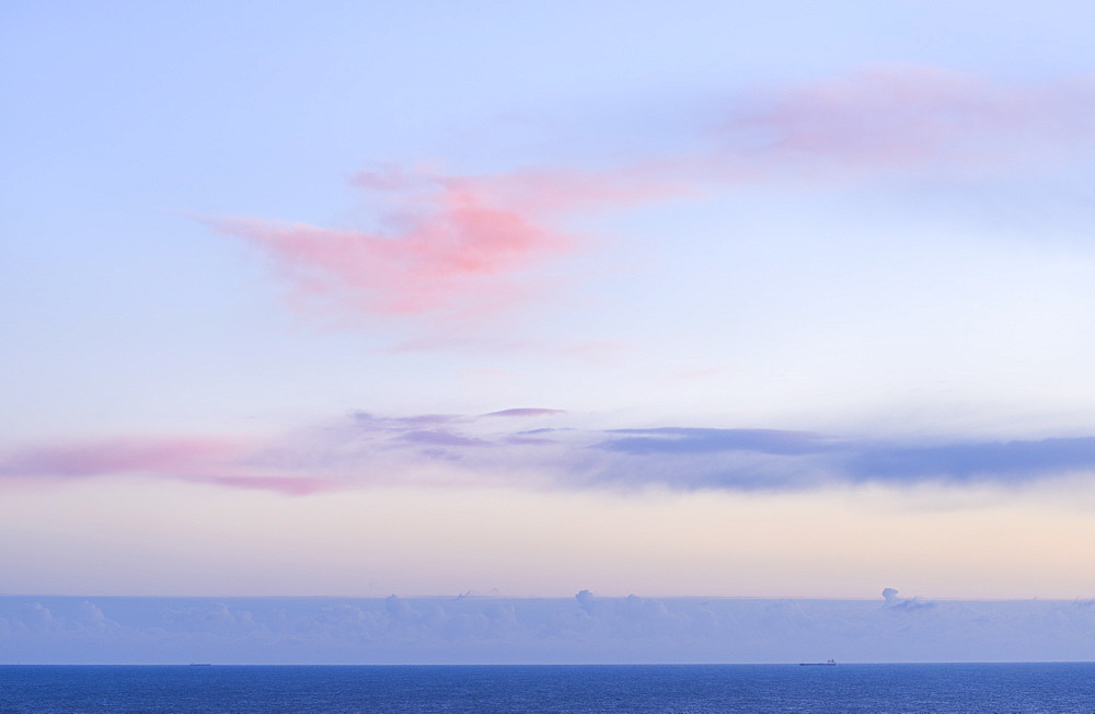 Pink clouds above the North Sea at sunrise, Flamborough Head, East Yorkshire, Yorkshire, England, United Kingdom, Europe