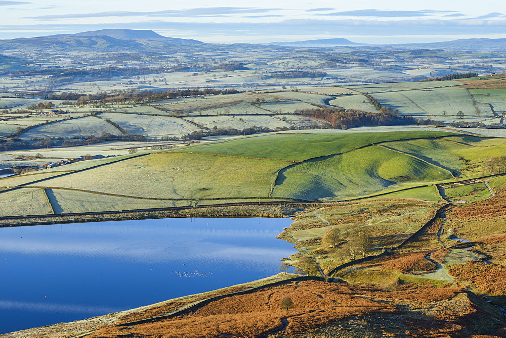 Early morning view in late autumn from Embsay Crag, overlooking the reservoir and Pendle Hill beyond, North Yorkshire, Yorkshire, England, United Kingdom, Europe