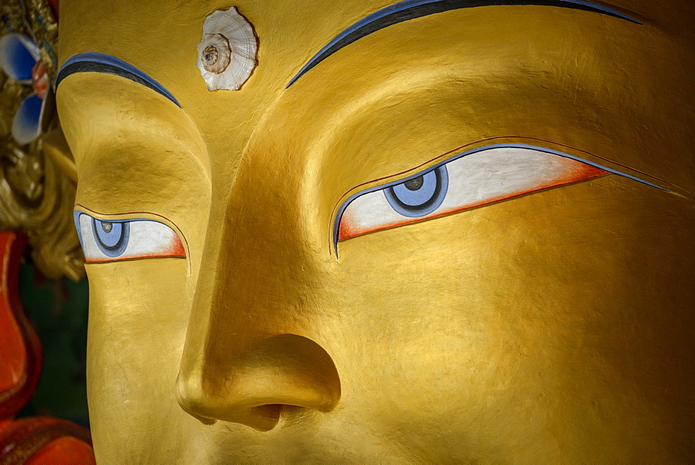 Detail of the statue of the Maitreya (future Buddha) installed to commemorate the visit of the 14th Dalai Lama to the monastery, Thiksey Gompa, Ladakh, Himalayas, India, Asia