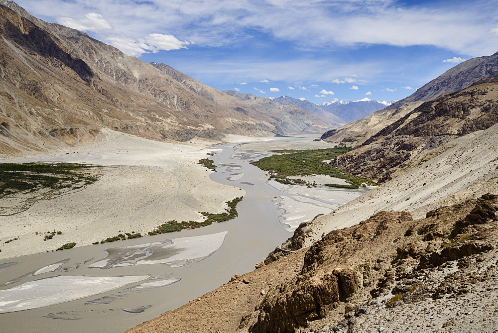 Looking down onto the fertile Nubra Valley, Khalsar, Ladakh, India, Asia