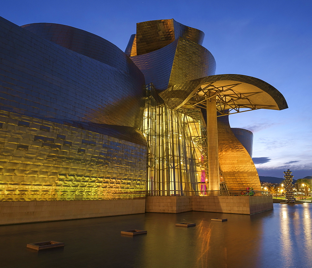 The Guggenheim Museum at night, Bilbao, Biscay, Basque Country, Spain, Europe