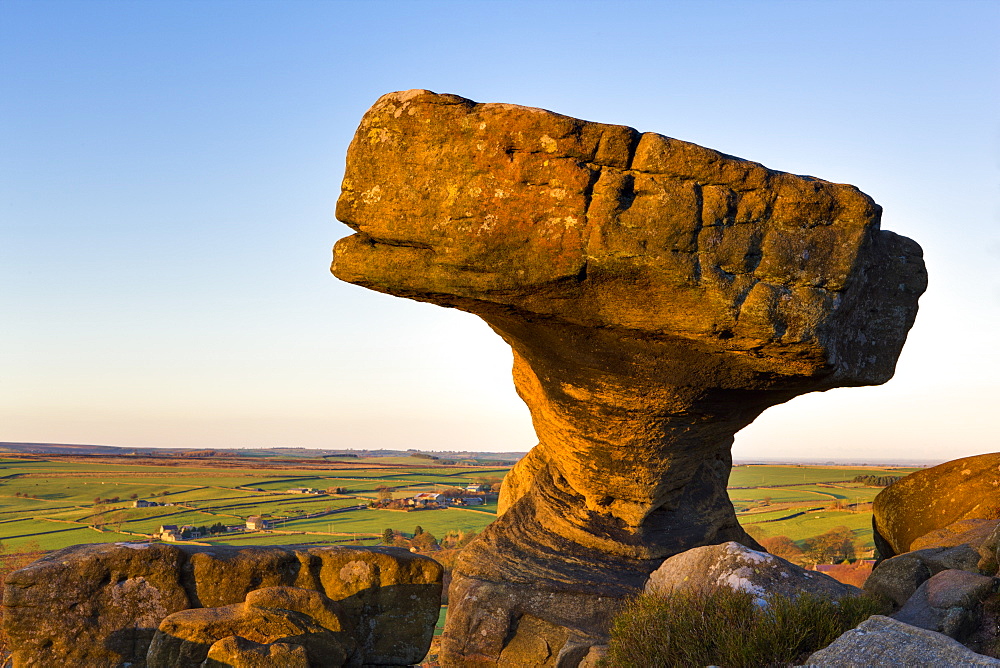 The Druids Table millstone grit rock formation at Brimham Rocks on the edge of the Yorkshire Dales, Yorkshire, England, United Kingdom, Europe