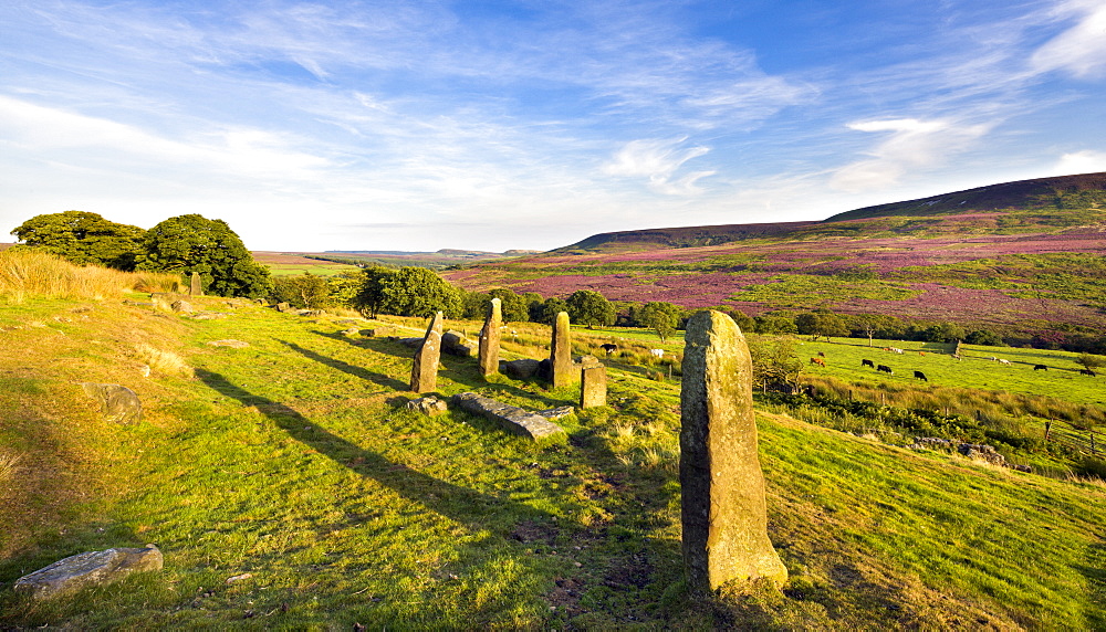 Standing stones on the North Yorkshire Moors with Arden Great Moor in the distance, Yorkshire, England, United Kingdom, Europe