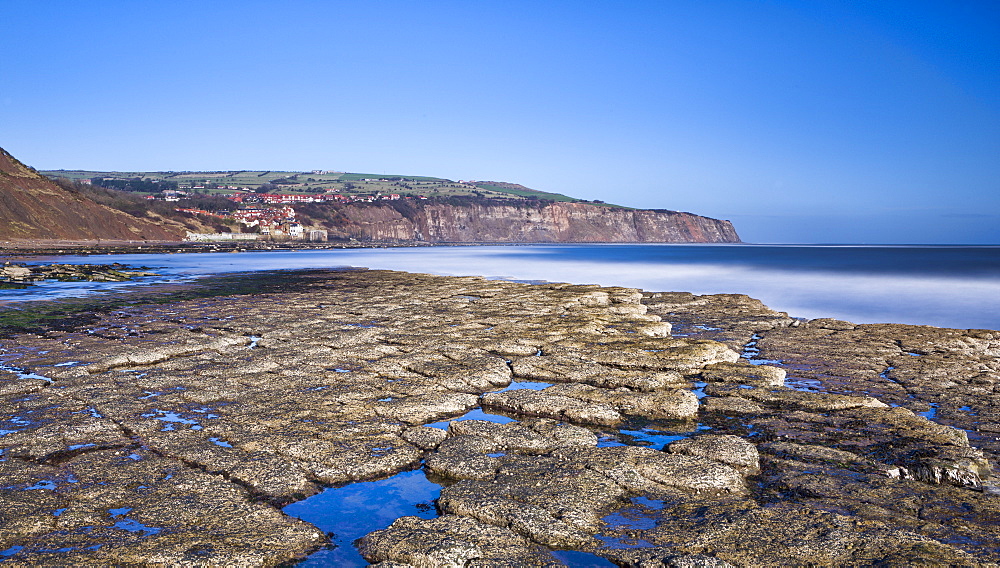 Boggle Hole and Robin Hood's Bay on a sunny winter's day, North Yorkshire, Yorkshire, England, United Kingdom, Europe