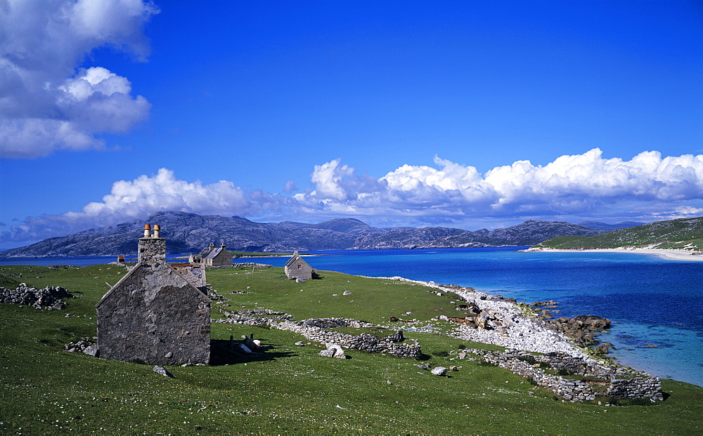 Abandoned settlement on the island of Scarp just off Harris on a late afternoon in June, Outer Hebrides, Scotland, United Kingdom, Europe