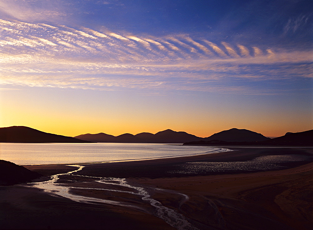 Seilebost in mid June just before sunset looking out towards the hills of northern Harris, Outer Hebrides, Scotland, United Kingdom, Europe