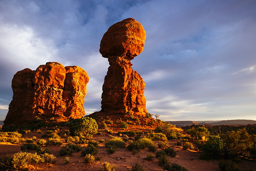 Balanced Rock at dusk, Arches National Park, Utah, United States of America, North America