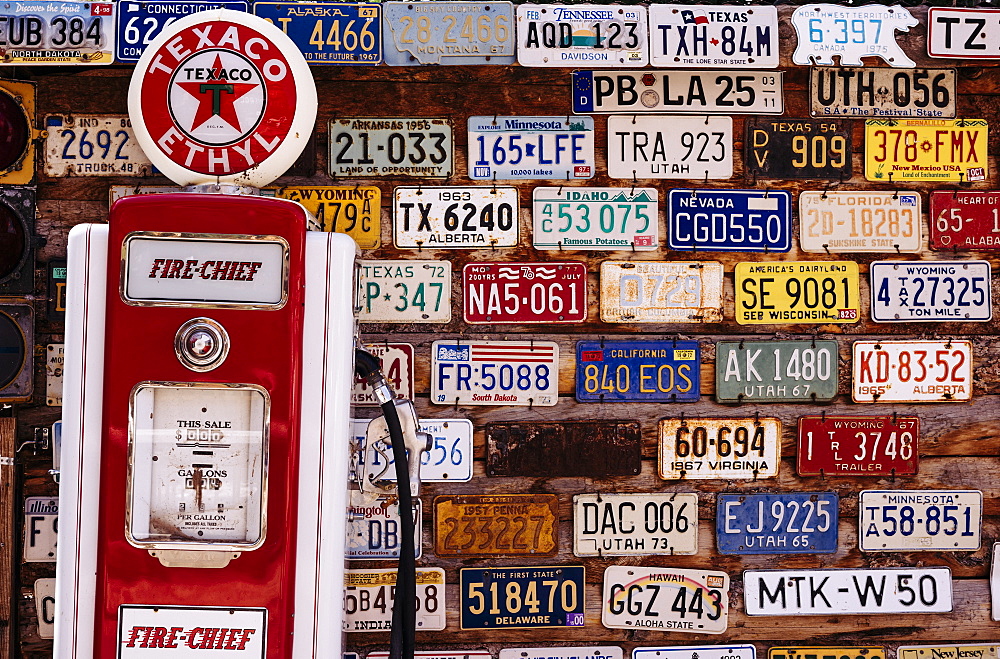 Vintage number plates, Hole In The Rock, Utah, United States of America, North America