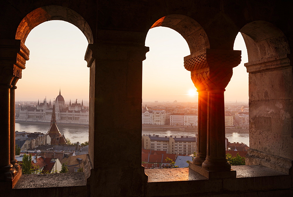 View from Fisherman's Bastion over Danube River and Hungarian Parliament Building at dawn, Budapest, Hungary, Europe