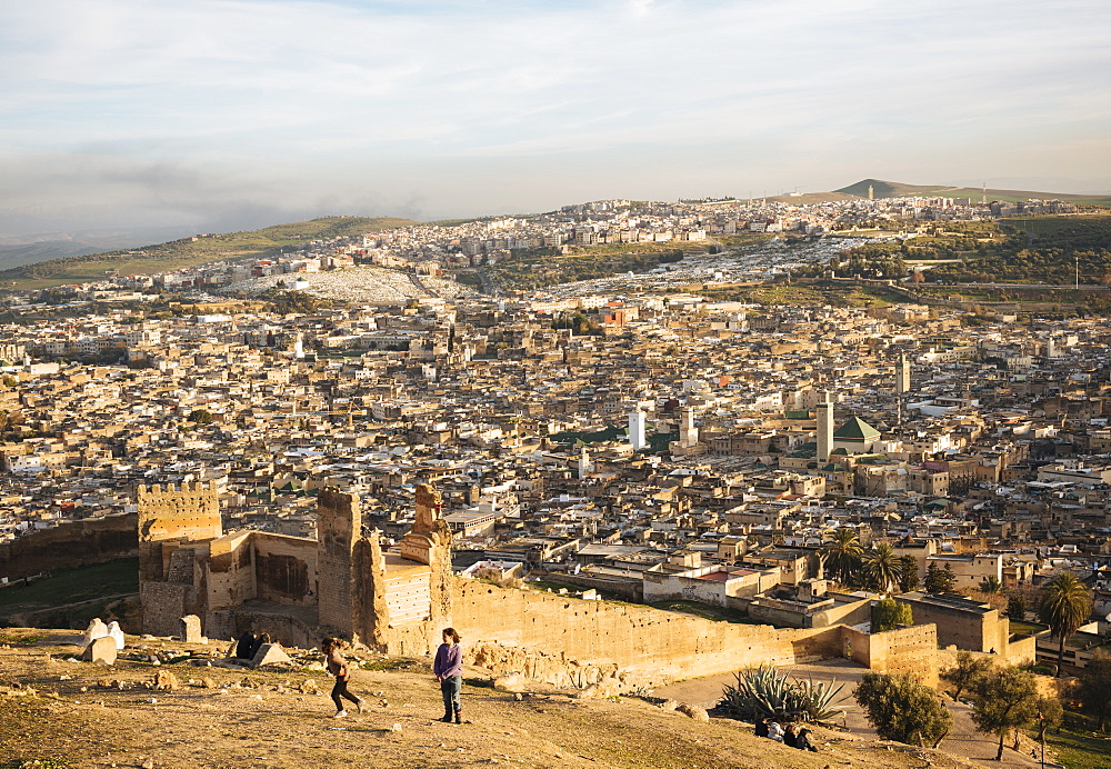 View over city from Merenid Tombs at sunset, Fes, Morocco, North Africa, Africa