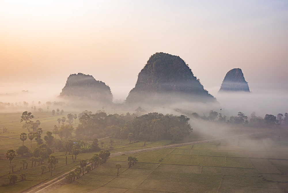 View from Kaw Gon Pagoda at dawn, Hpa-an, Kayin State, Myanmar (Burma), Asia