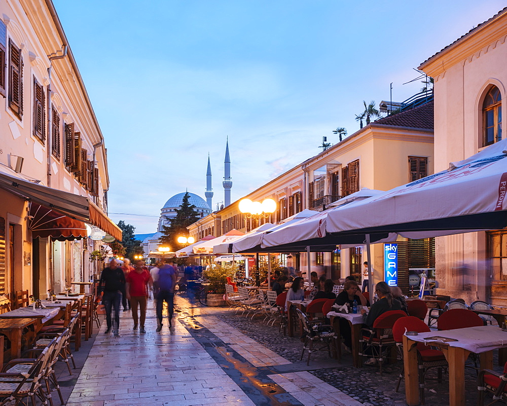 Rruga Kol Idromeno Street at night, Old Town, Shkodra, Albania, Europe