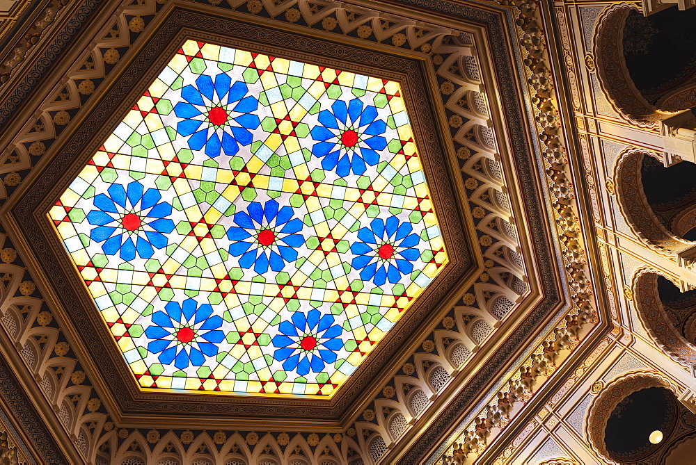 Stained glass window, interior of Vijecnica (City Hall), Old Town, Sarajevo, Bosnia and Hercegovina, Europe