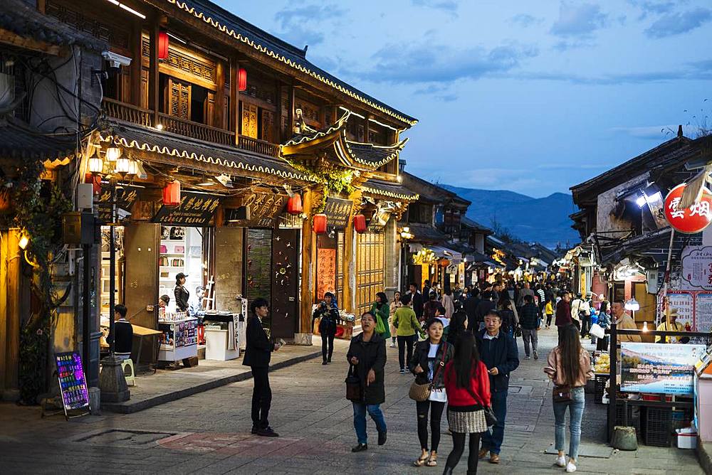 Street scene at night, Dali, Yunnan Province, China, Asia