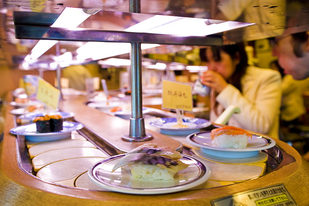 Kaiten-zushi shop (sushi restaurant), Shinjuku, Tokyo, Japan, Asia