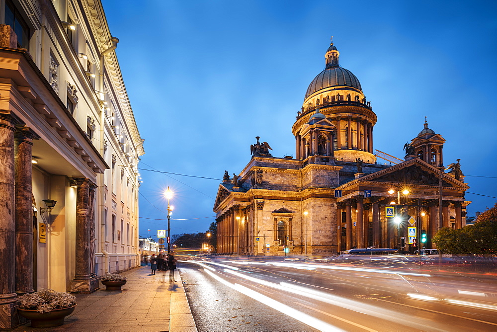 Exterior of St. Isaac's Cathedral at night, UNESCO World Heritage Site, St. Petersburg, Leningrad Oblast, Russia, Europe