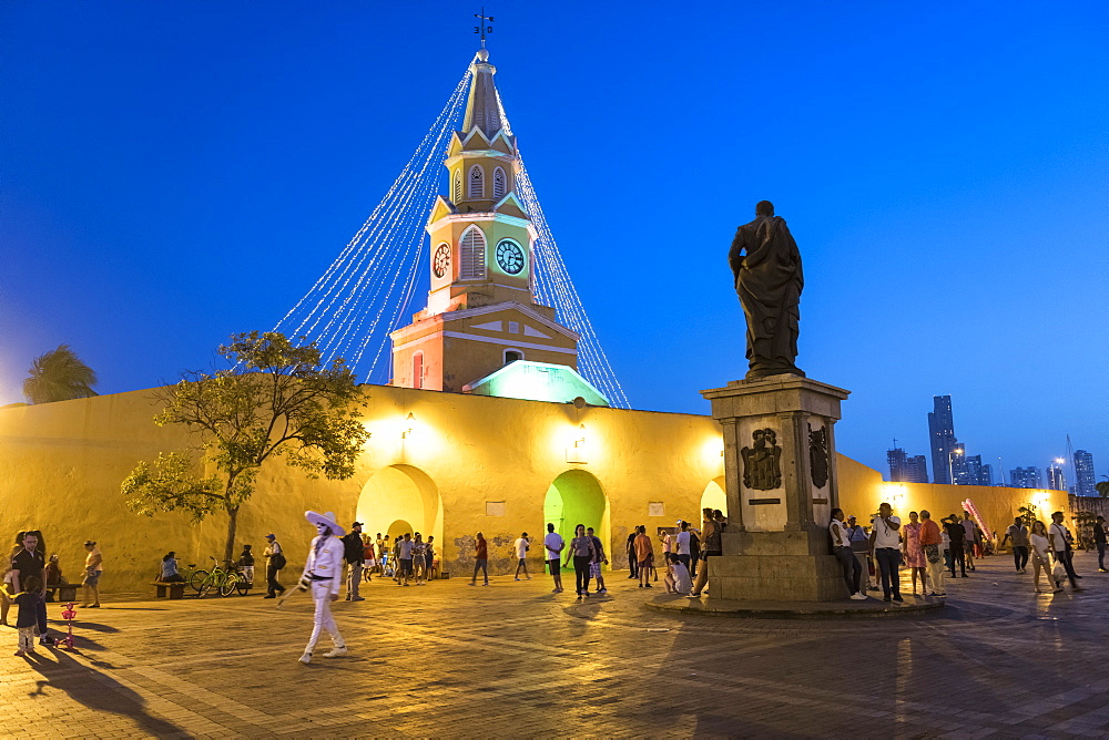 Clock Tower Monument at night, UNESCO World Heritage Site, Cartagena, Bolivar Department, Colombia, South America