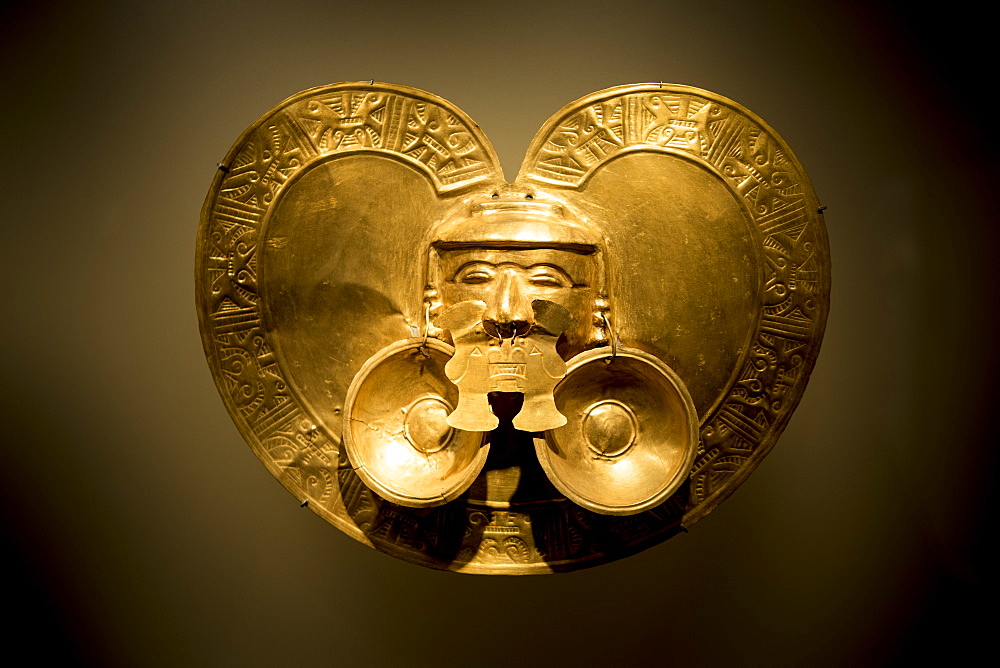 Ancient Gold Mask in The Gold Museum, Bogota, Cundinamarca, Colombia, South America