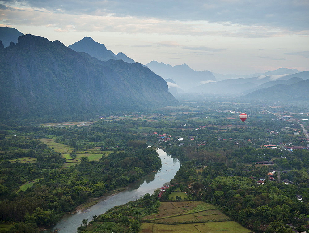 View from hot air balloon ride, Vang Vieng, Laos, Indochina, Southeast Asia, Asia 