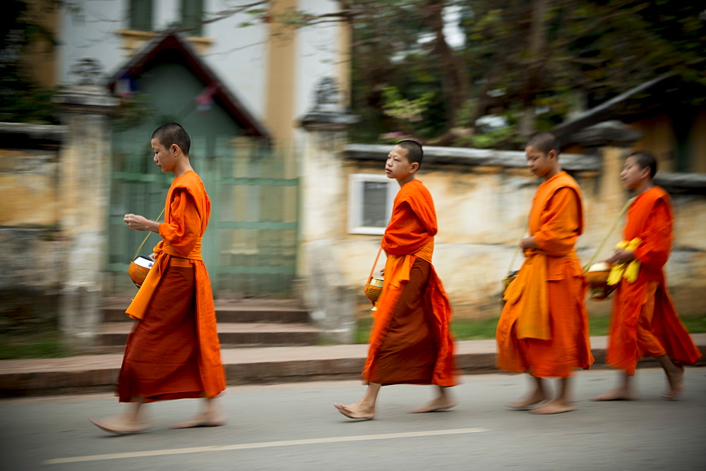 Buddhist Monks during Alms giving ceremony (Tak Bat), Luang Prabang, Laos, Indochina, Southeast Asia, Asia