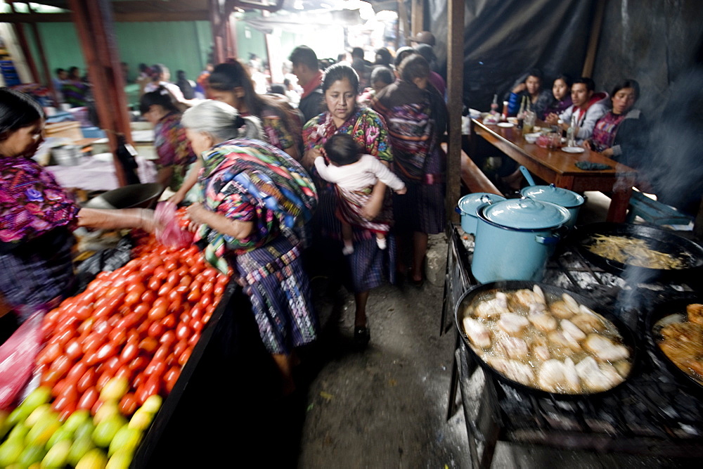 Food stalls in market, Chichicastenango, Western Highlands, Guatemala, Central America