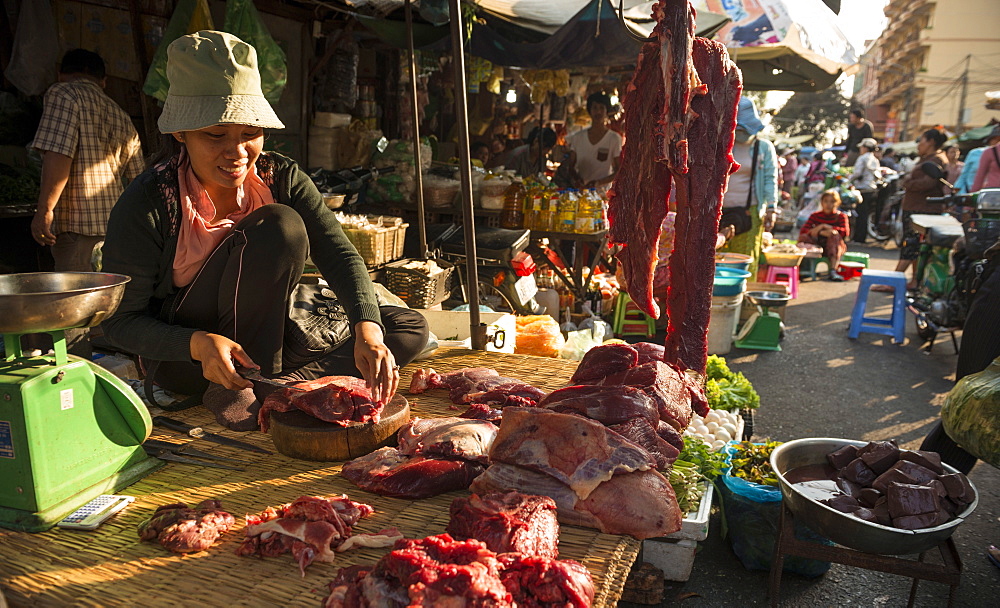 Butcher at Food market, Phnom Penh, Cambodia, Indochina, Southeast Asia, Asia 