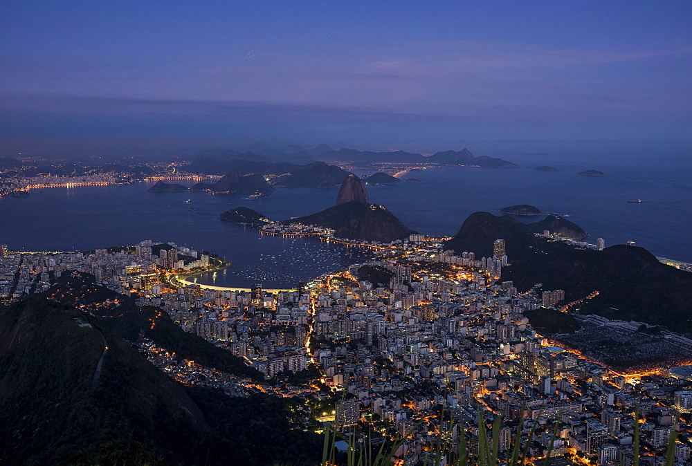 View from Cristo Redentor over Rio de Janeiro at night, Corcovado, Rio de Janeiro, Brazil, South America