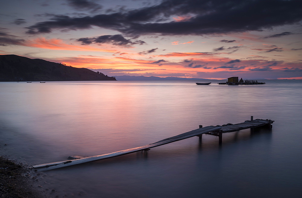 Jetty on Cobacabana Beach at dusk, Copacabana, Lake Titicaca, Bolivia, South America