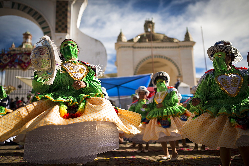 Dancers in traditional costume, Fiesta de la Virgen de la Candelaria, Copacabana, Lake Titicaca, Bolivia, South America