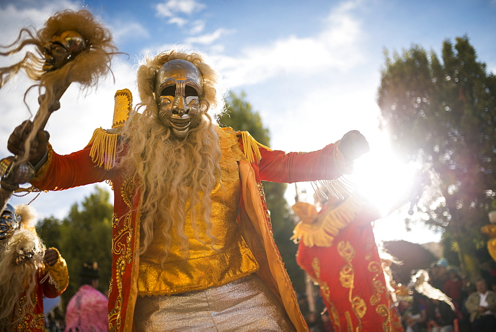 Dancers in traditional costume, Fiesta de la Virgen de la Candelaria, Copacabana, Lake Titicaca, Bolivia, South America