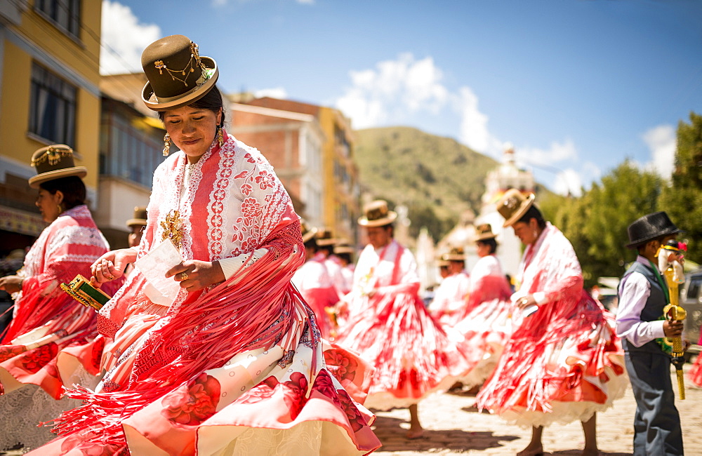 Dancers in traditional dress, Fiesta de la Virgen de la Candelaria, Copacabana, Lake Titicaca, Bolivia, South America