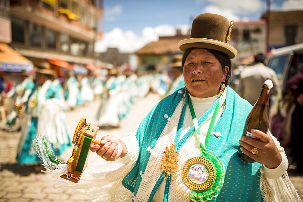 Dancers in traditional dress, Fiesta de la Virgen de la Candelaria, Copacabana, Lake Titicaca, Bolivia, South America