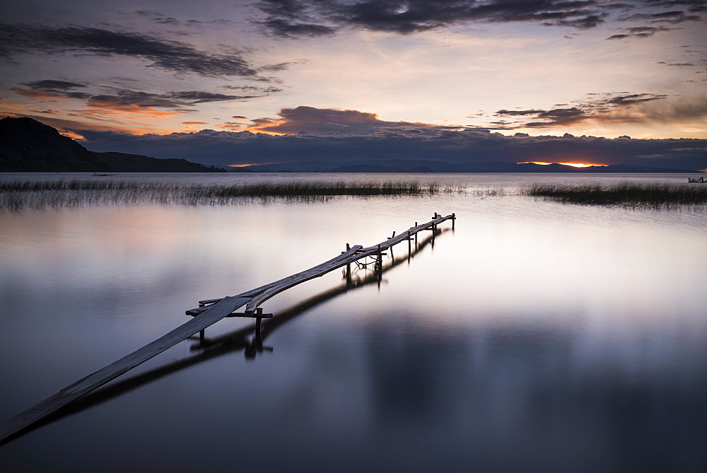 Jetty at dusk, near Copacabana, Lake Titicaca, Bolivia, South America