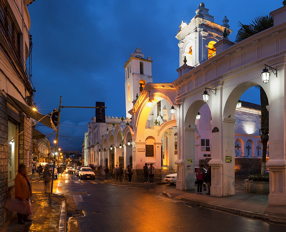 Iglesia de San Francisco at night, Sucre, UNESCO World Heritage Site, Bolivia, South America