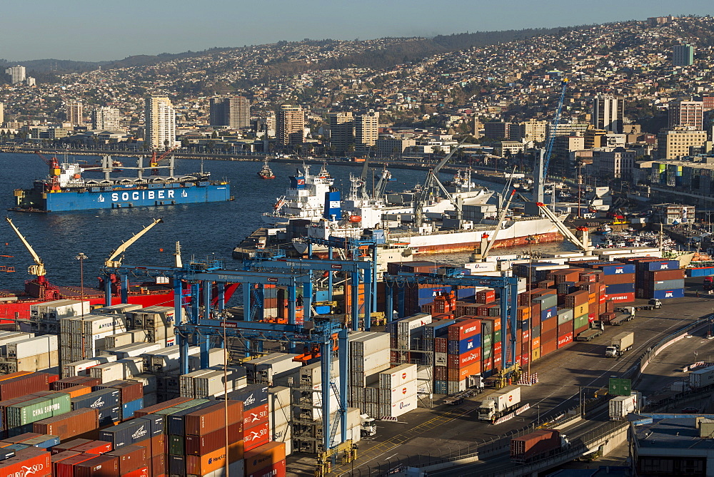 View of city and ports from Paseo 21 de Mayo, Cerro Playa Ancha, Valparaiso, Central Coast, Chile, South America