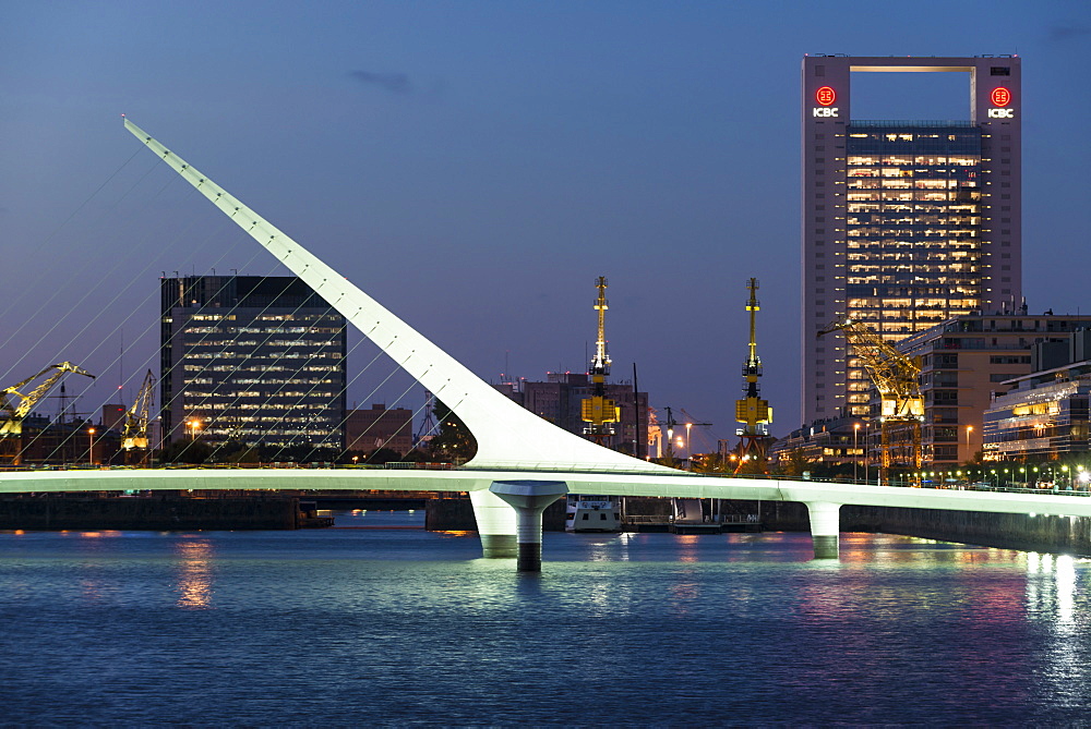 Puente de la Mujer (Bridge of the Woman) at dusk, Puerto Madero, Buenos Aires, Argentina, South America