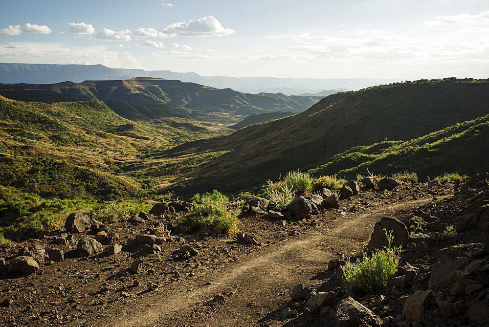 View over landscape near Lalibela at dusk, Ethiopia, Africa