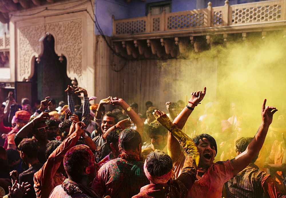 Lathmar Holi celebrations in Nand Rae Temple, Nandagaon, Braj, Uttar Pradesh, India, Asia