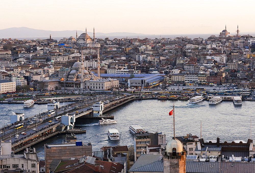 View over Istanbul skyline from The Galata Tower at sunset, Beyoglu, Istanbul, Turkey, Europe