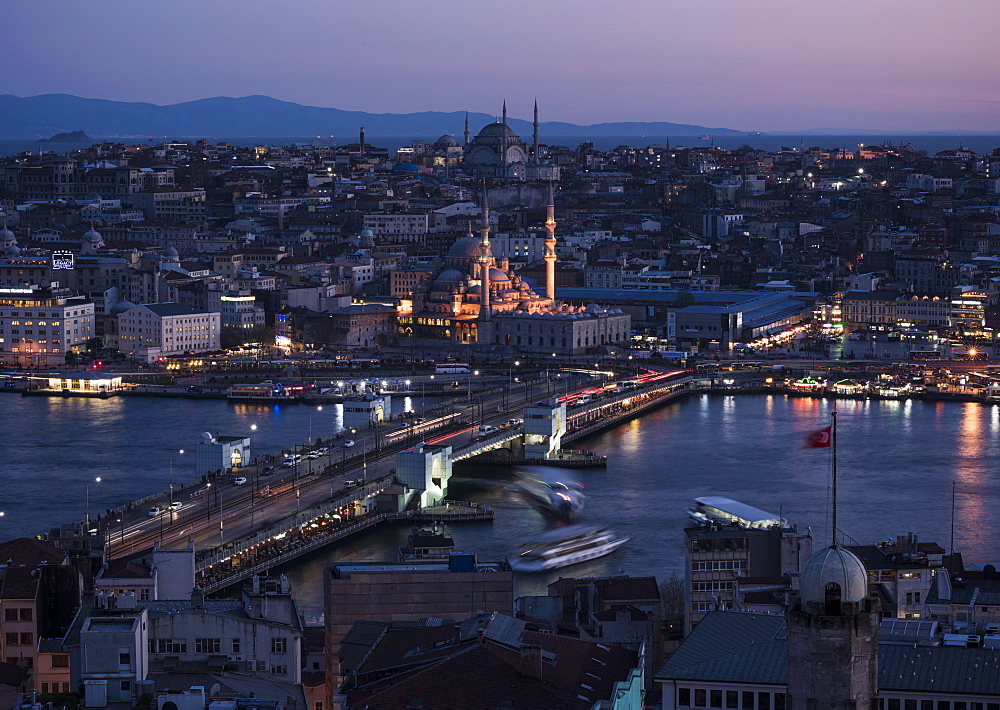 View over Istanbul skyline from The Galata Tower at night, Beyoglu, Istanbul, Turkey, Europe