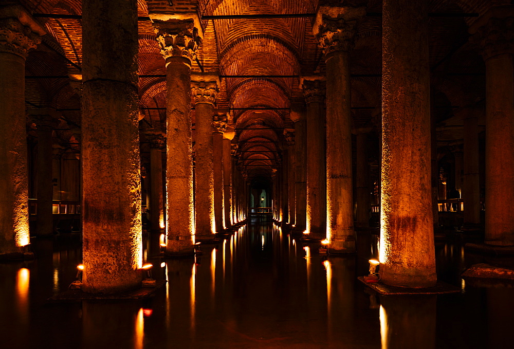 Interior of Basilica Cistern, Sultanahmet, Istanbul, Turkey, Europe