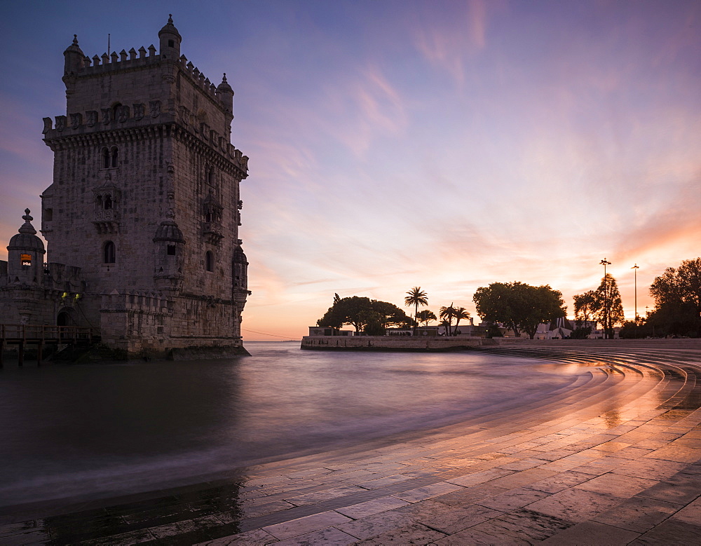 Belem Tower at dusk (Torre de Belem), UNESCO World Heritage Site, Lisbon, Portugal, Europe