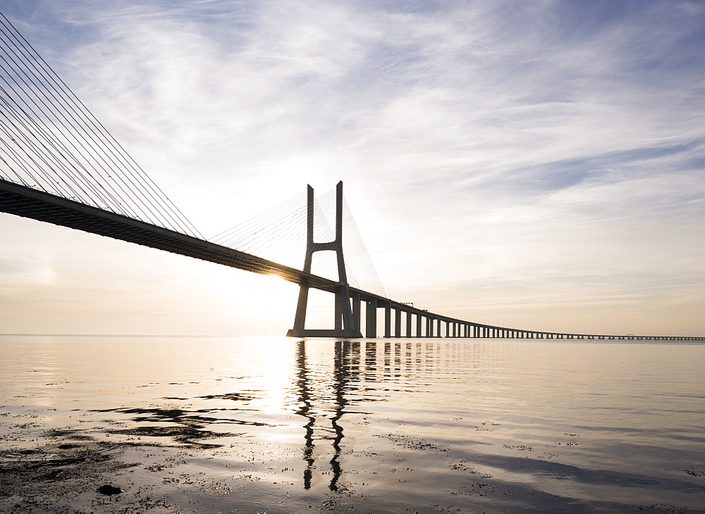 Vasco da Gama Bridge over Rio Tejo (Tagus River) at dawn, Lisbon, Portugal, Europe