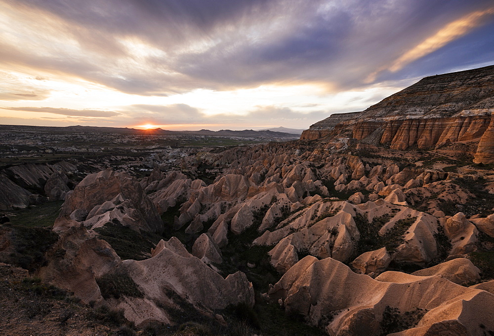 View from Aktepe Hill at sunset over Red Valley, Goreme National Park, UNESCO World Heritage Site, Cappadocia, Anatolia, Turkey, Asia Minor, Eurasia