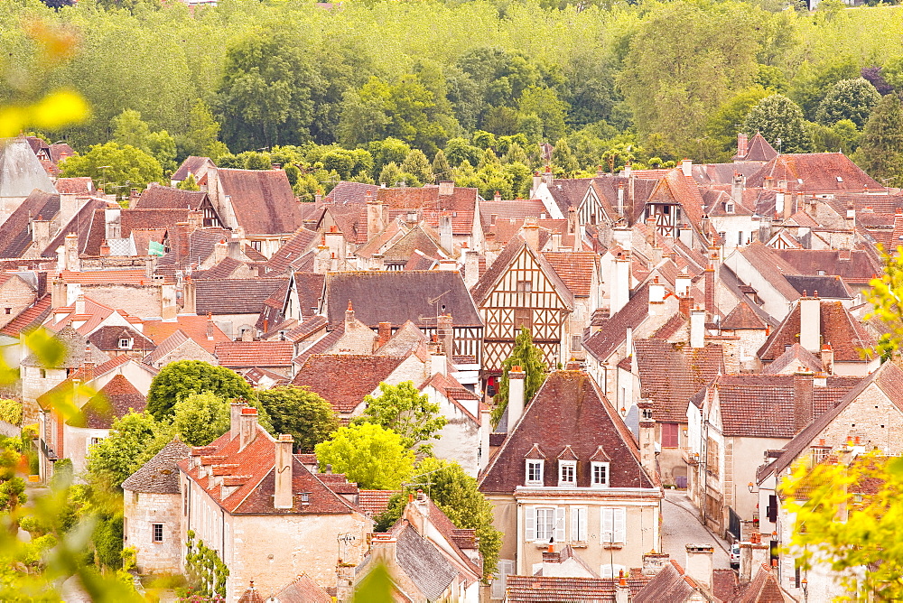 Looking down on the rooftops of Noyers sur Serein from the old chateau above the village, Yonne, Burgundy, France, Europe