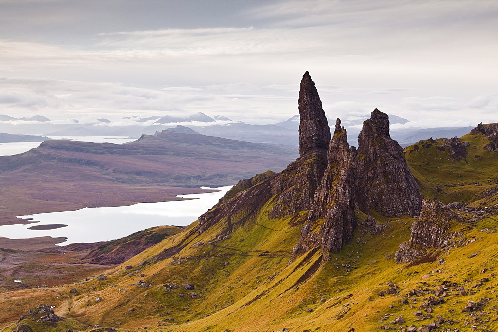 The Old Man of Storr, overlooking Loch Leathan and Raasay Sound, Trotternish, Isle of Skye, Inner Hebrides, Scotland, United Kingdom, Europe