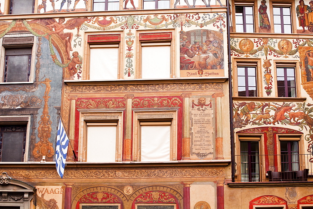 Painted building facades in the city of Lucerne, Switzerland, Europe 