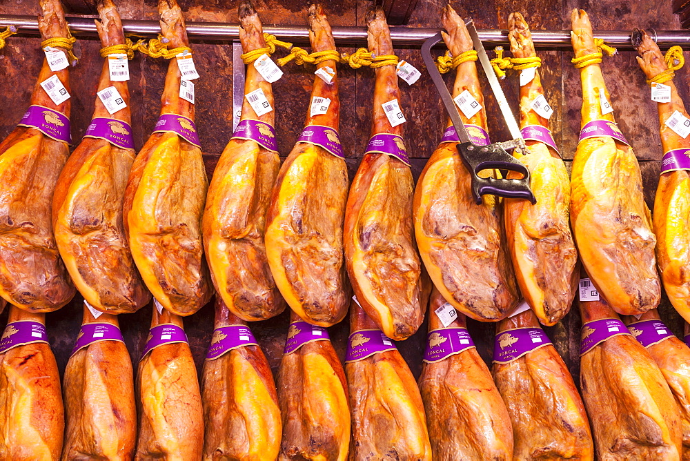 Meat on sale in the  covered Mercado Central (Central Market), Valencia, Spain, Europe